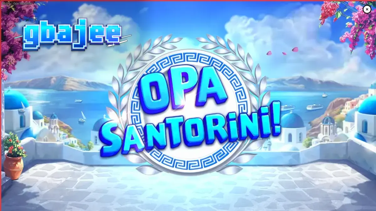 Opa Santorini স্লট গেমের একটি দৃশ্য যেখানে গ্রিসের নীল গম্বুজ এবং সুন্দর স্থাপত্য দেখা যাচ্ছে